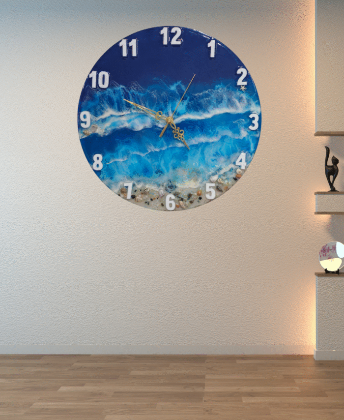 Handmade Ocean Wave Resin Wall Clock with seashell accents