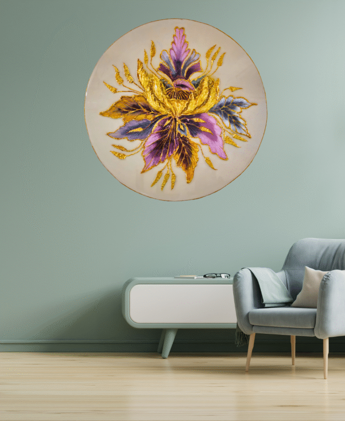 Golden and purple floral resin wall art for interiors