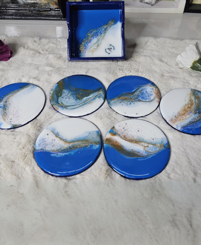Handcrafted ocean-inspired resin coaster set with shimmering details