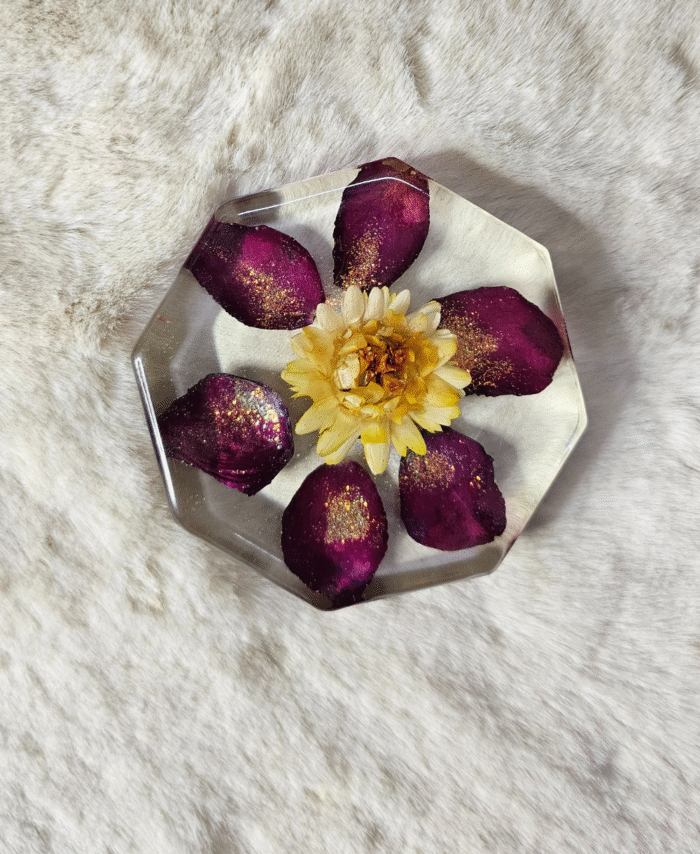 Hexagon resin paperweight with purple petals and yellow flower