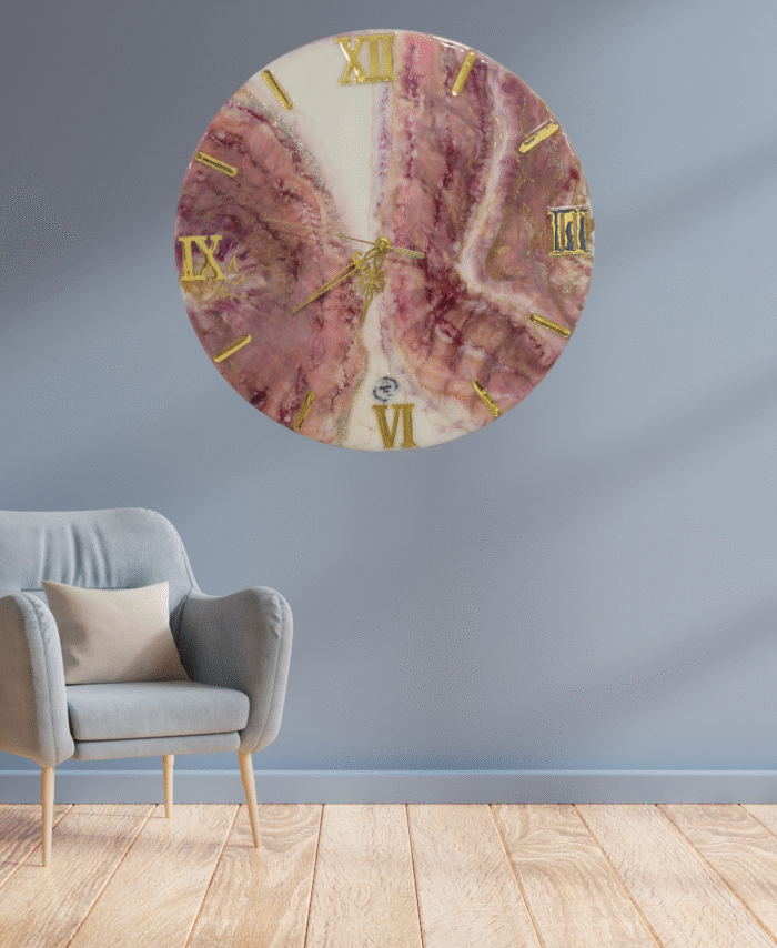 Pink Marble Resin Wall Clock with golden Roman numerals
