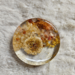 Round resin paper weight with preserved yellow flowers