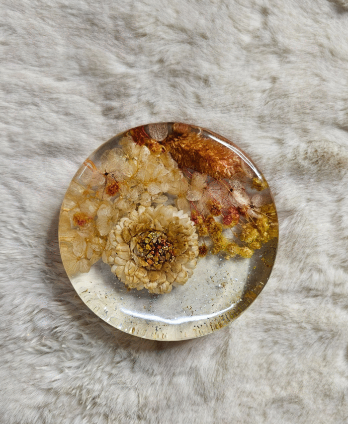 Round resin paper weight with preserved yellow flowers