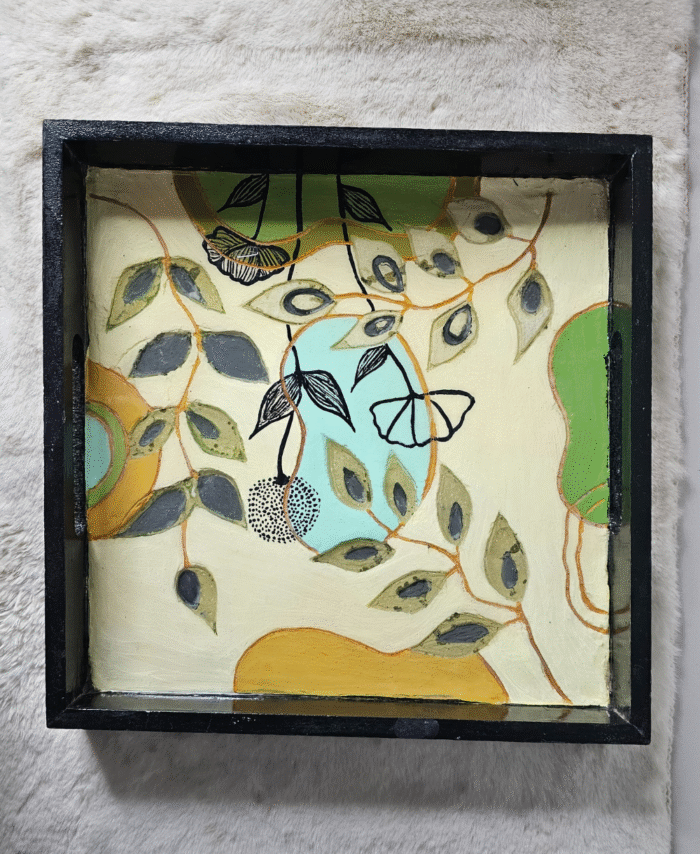 Hand painted resin wooden tray with leaf and butterfly design