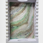 Handmade resin wooden tray with green and golden marble design