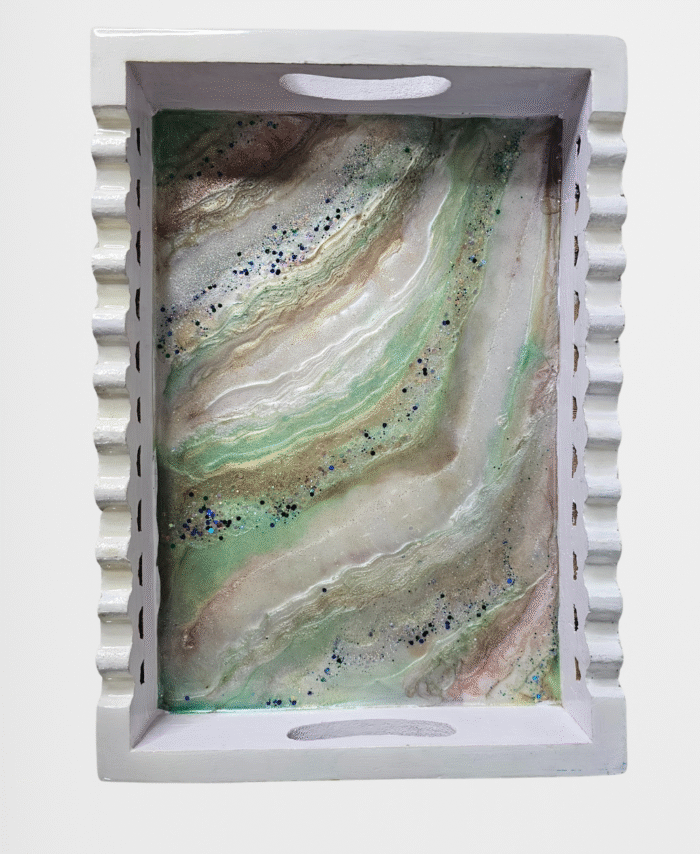 Handmade resin wooden tray with green and golden marble design