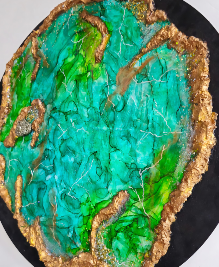 Luxury handmade abstract wall hanging with green and gold tones