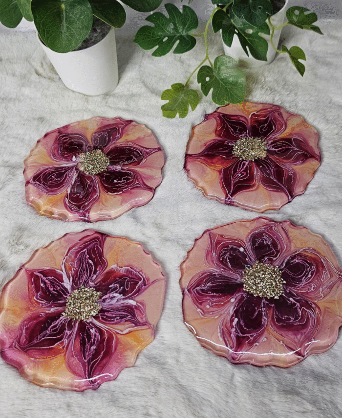 Handmade floral resin coasters with purple flower design