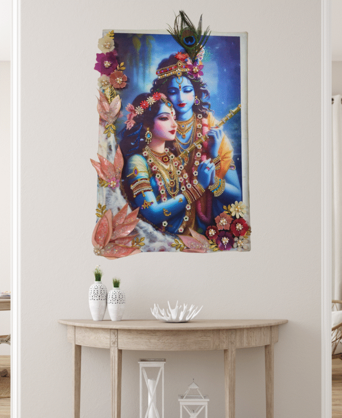 Handmade Radha Krishna Resin 3d Wall Art with Peacock Feather