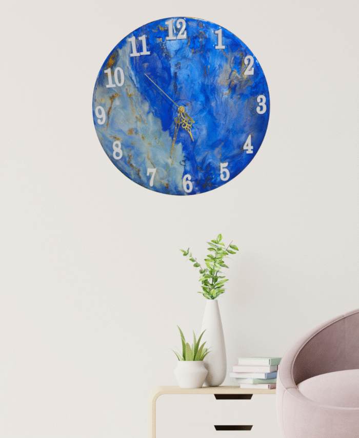 Handmade Blue Galaxy Resin Wall Clock with gold accents