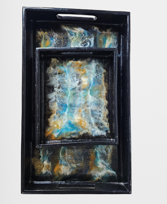Resin wooden serving tray with galaxy theme design