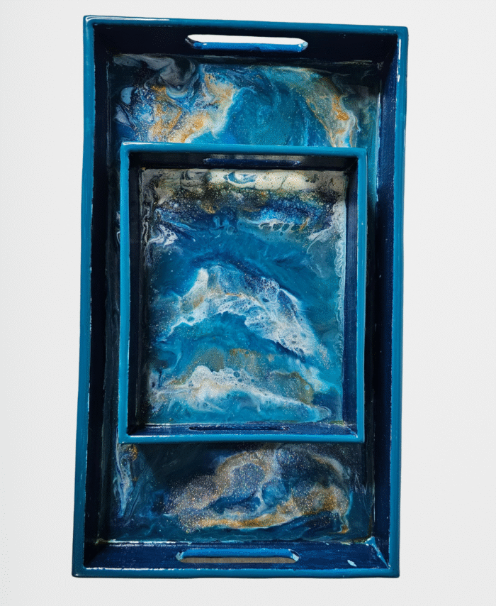 Resin wooden serving tray with ocean wave design