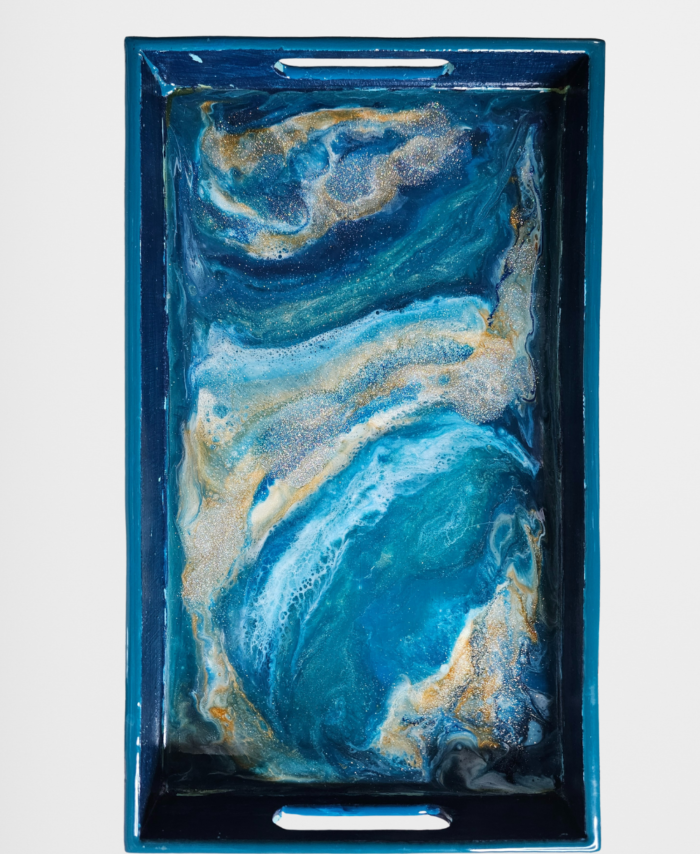 Handmade blue resin tray with sea wave pattern