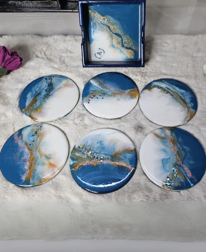 Burgundy and white wooden resin coasters with marble design and holder