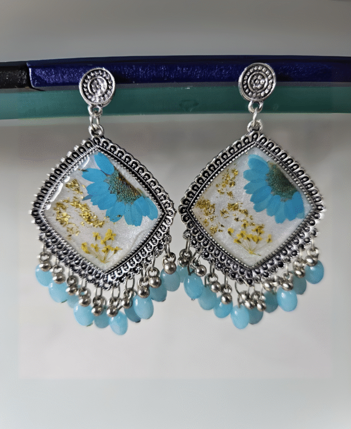 Blue resin earrings with pressed flowers and turquoise bead fringe