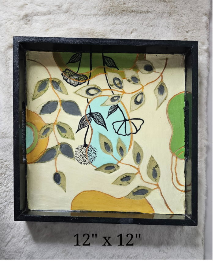 Wooden tray with resin finish and handmade painting