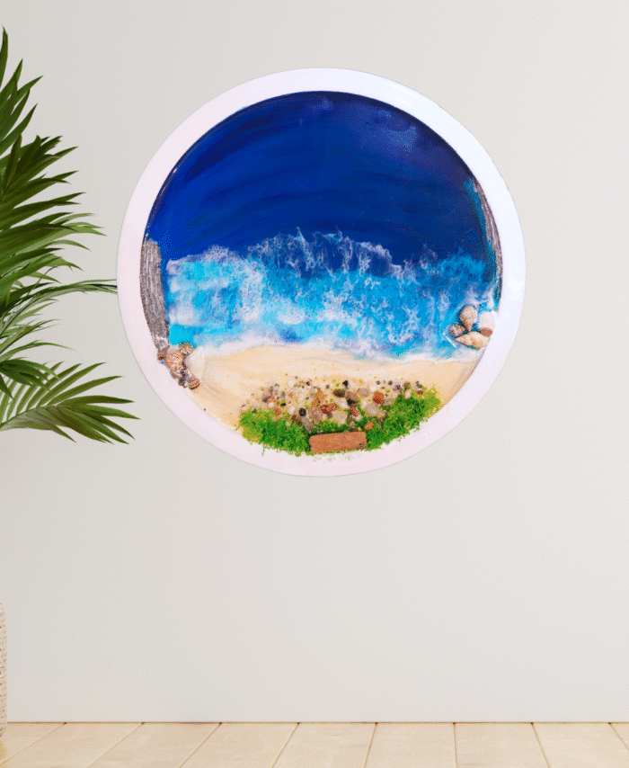 Resin Ocean Shore Wall Hanging with Seashells and Pebbles