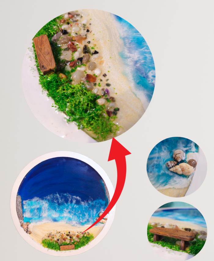 Handmade Resin Beach Wall Art with Wooden Bench