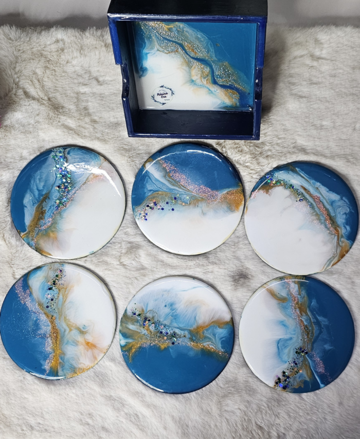 Handmade epoxy resin coaster set with storage holder
