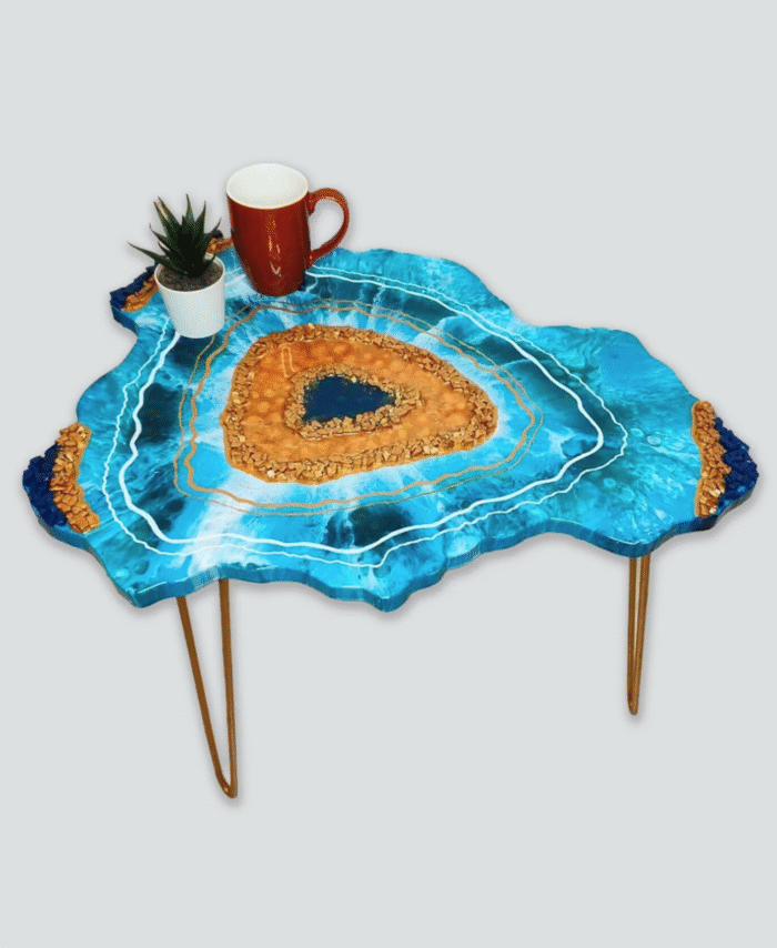 Handmade Blue Geode Resin Coffee Table with golden accents