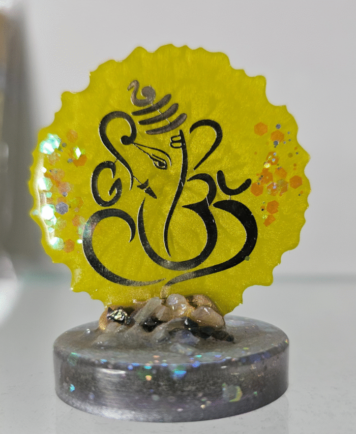 Handmade yellow resin Ganesha dashboard idol with shimmer and stones