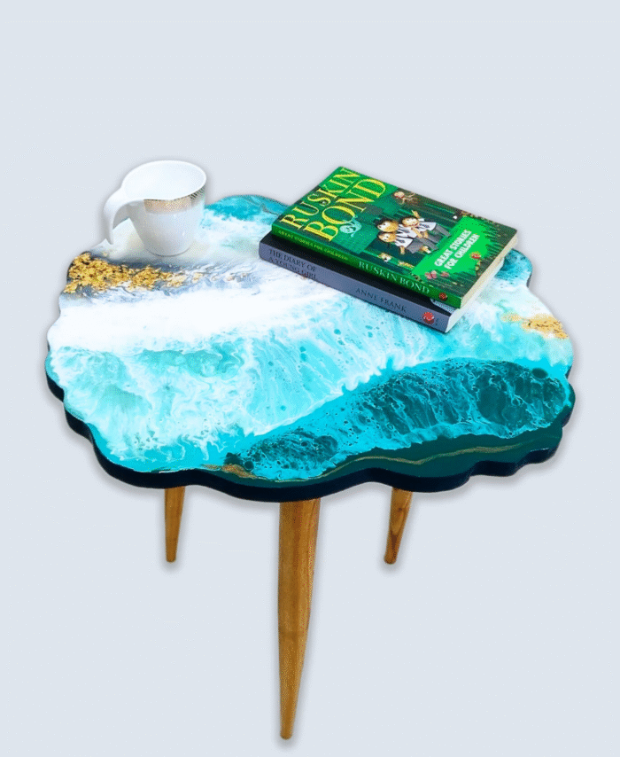 Ocean Wave Resin Side Table with aqua blue design