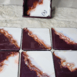 Black and gold wooden resin coasters with marble pattern and holder