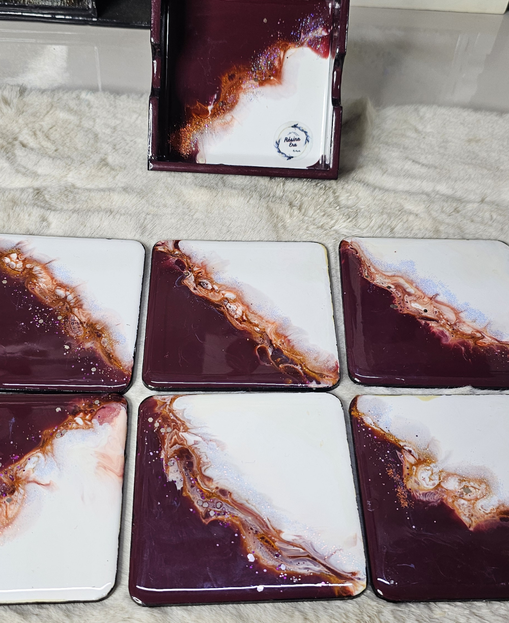 Black and gold wooden resin coasters with marble pattern and holder