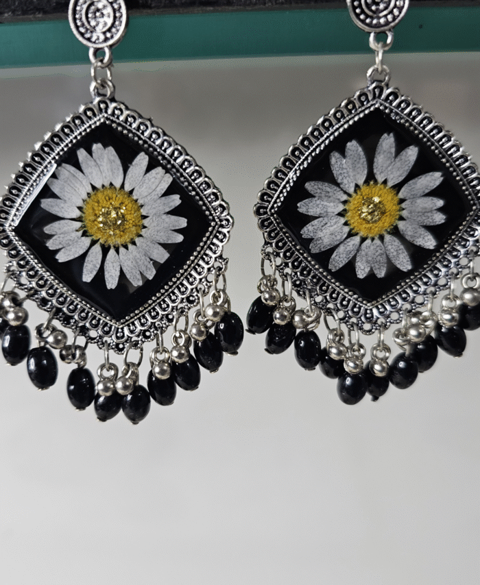 Black resin earrings with daisies and black bead fringe