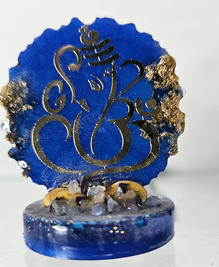 Blue resin Ganesha dashboard idol with shimmer and stones