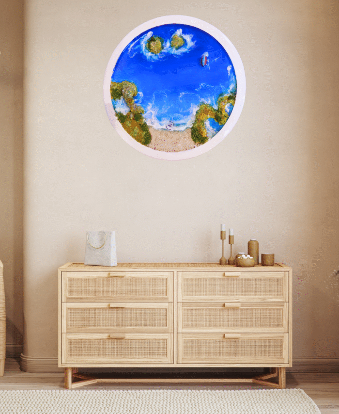 Seashell resin wall art with textured ocean waves