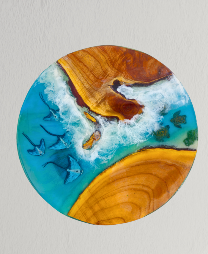 Resin and wood coffee table with ocean wave design