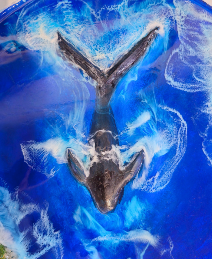 3D Whale Tail Resin Wall Hanging with Blue Ocean Design