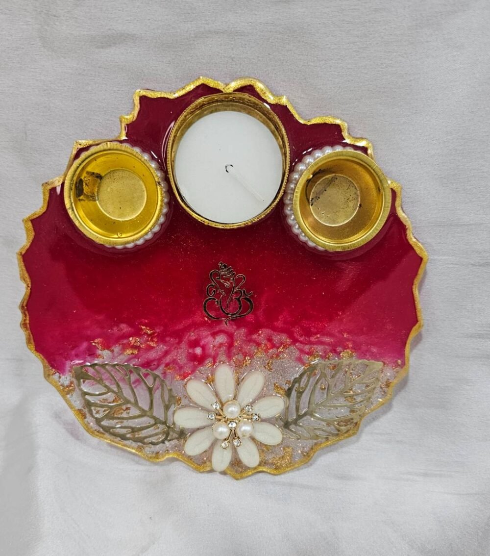 Handmade dark red pooja thali with floral and leaf design