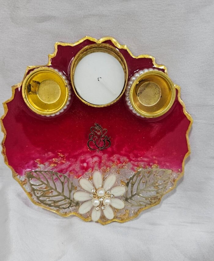 Handmade dark red pooja thali with floral and leaf design