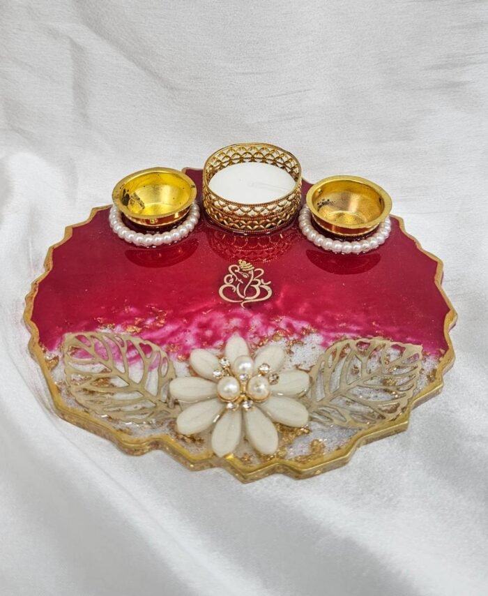 Resin pooja plate in dark red with pearl flower decoration