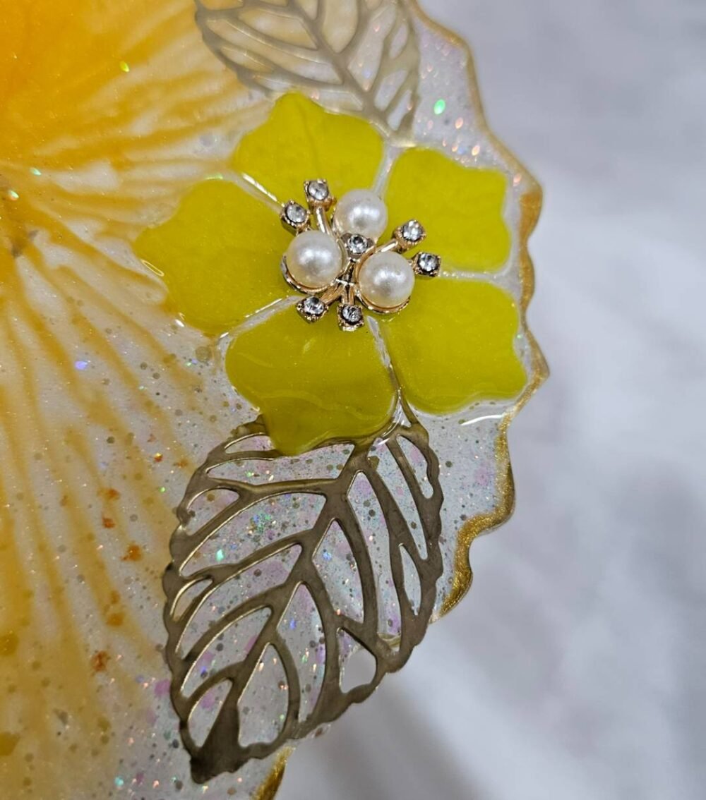 Handmade yellow pooja plate with flower and leaf design