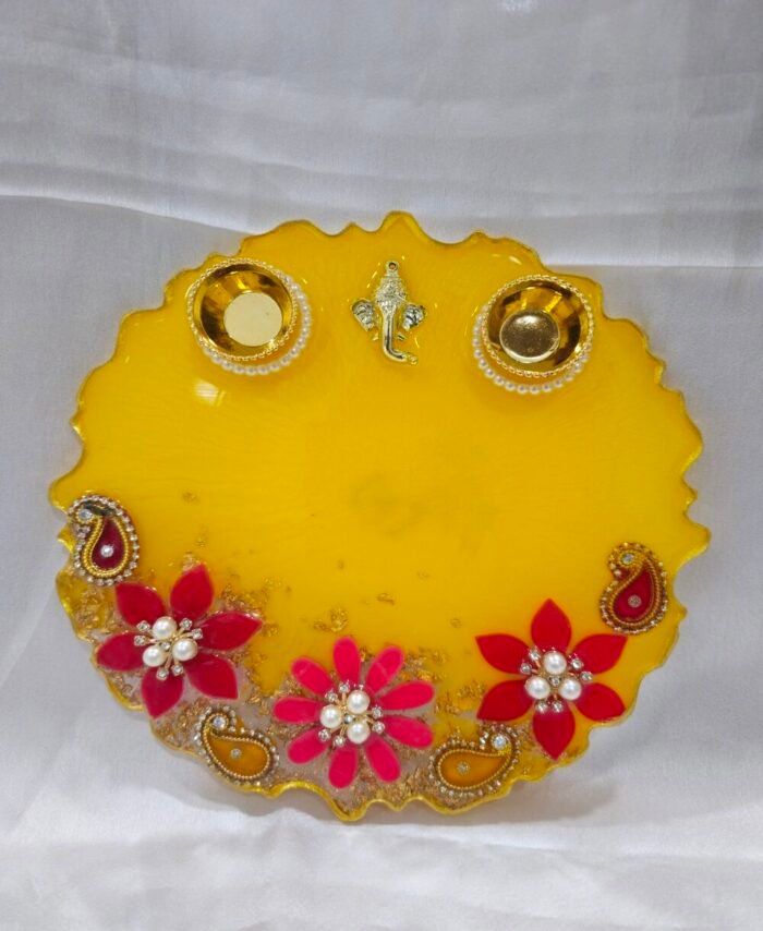 Handcrafted Floral Diya Thali with dual diya holders.