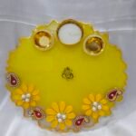 Golden Diya Thali with Floral Embellishments and Dual Diya Holders.