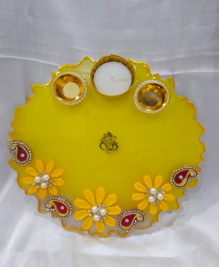 Golden Diya Thali with Floral Embellishments and Dual Diya Holders.