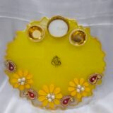 Golden Diya Thali with Floral Embellishments and Dual Diya Holders.