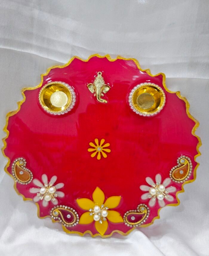 Yellow Resin Diya Thali with golden accents and dual diya holders.