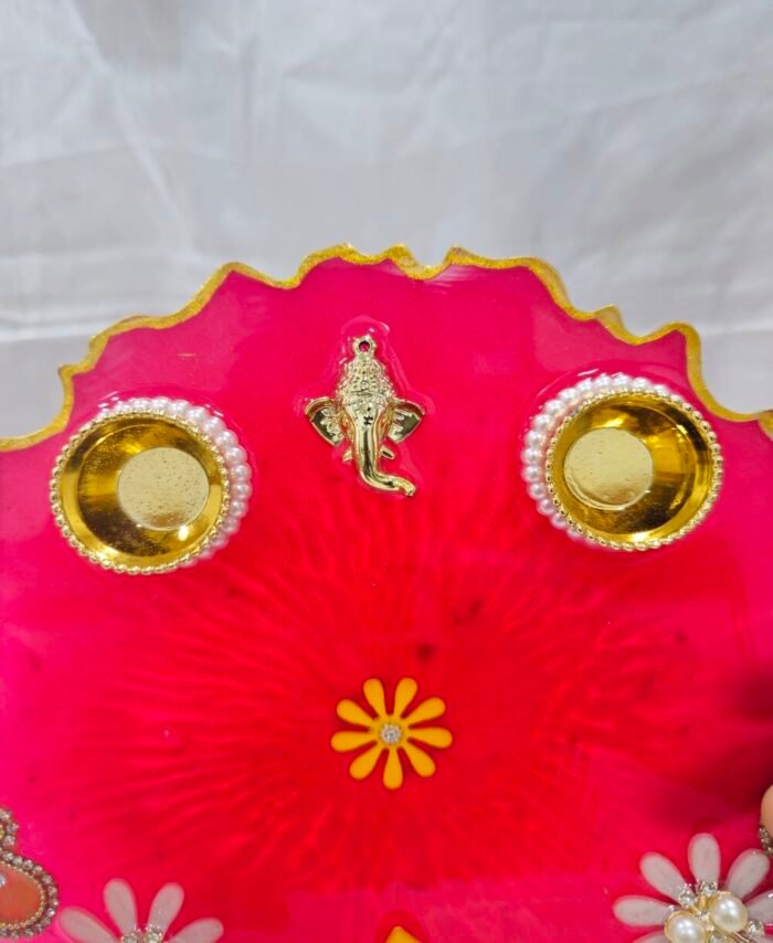 Customizable Diya Thali with floral design and pearl decorations.