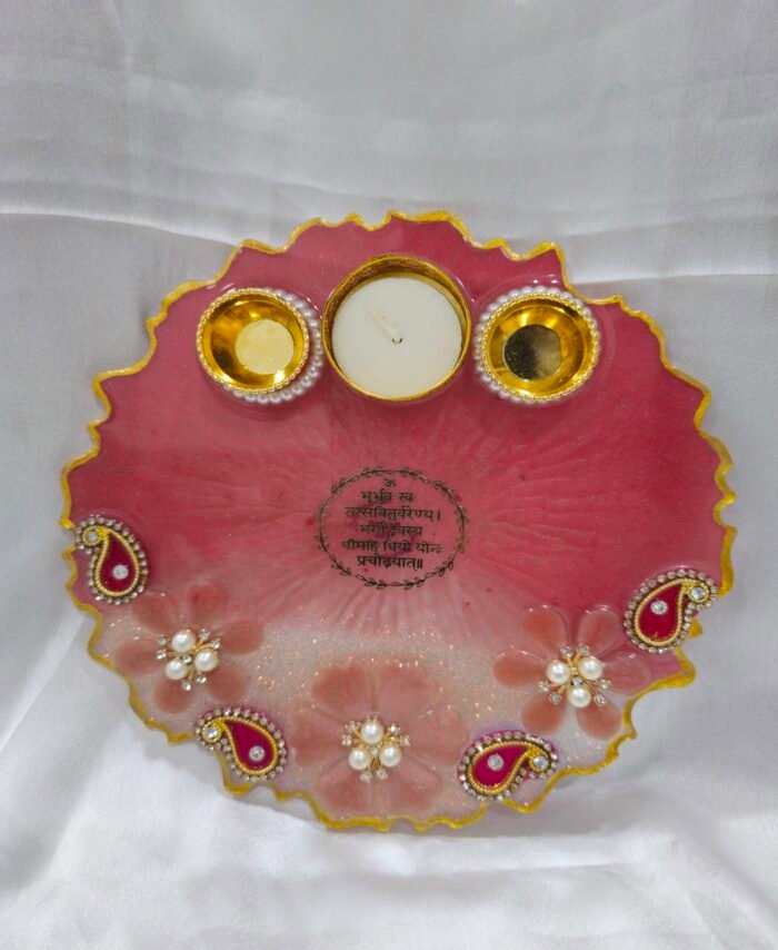 Bright Red Resin Pooja Thali with Golden Ganesha Idol.