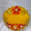 Blue Resin Diya Thali with floral design and pearl accents.