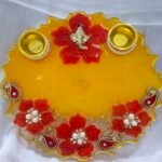 Red Diya Thali with Golden Peacock and Diya Holders.