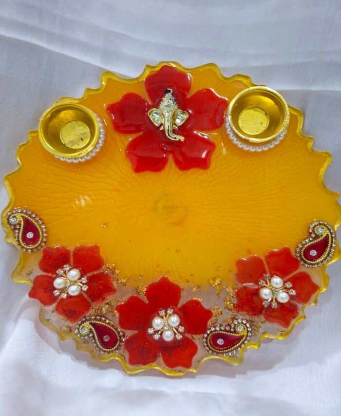 Red Diya Thali with Golden Peacock and Diya Holders.