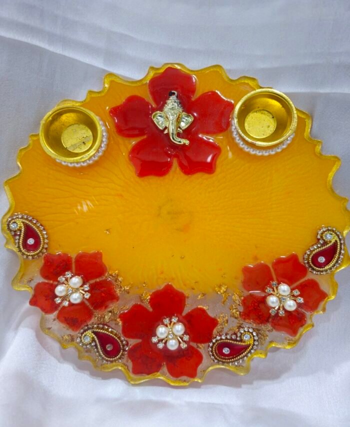 Red Diya Thali with Golden Peacock and Diya Holders.