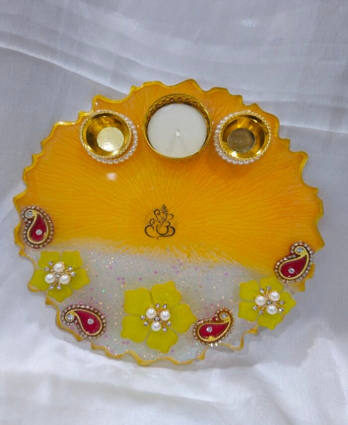 Yellow Diya Thali with Floral and Pearl Decorations.
