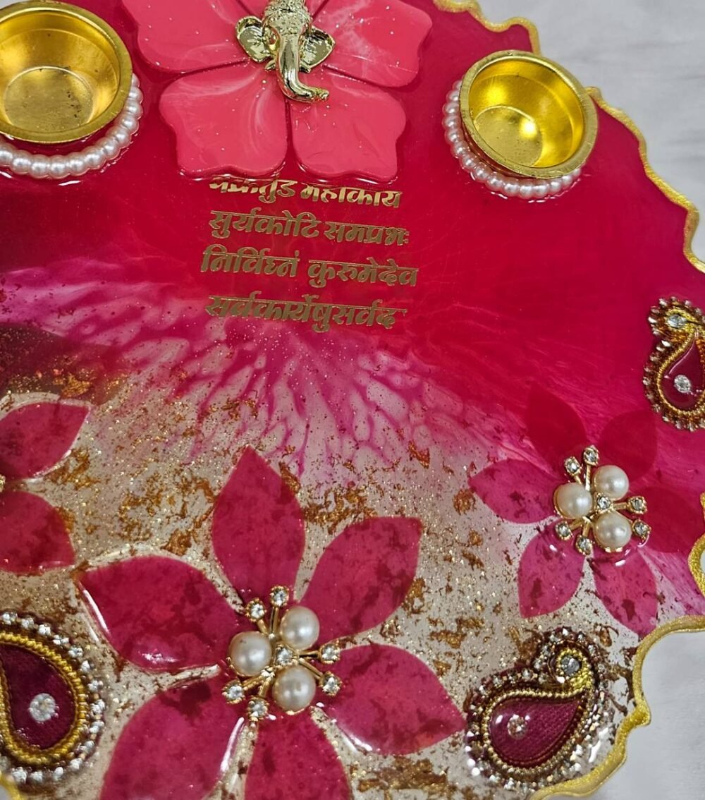 Resin Ganesh pooja thali in peach with diya holders